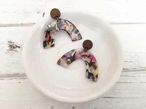 Acetate and Walnut Dangle Earrings - Multi Colour Marble