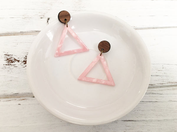 Acetate and Walnut Dangle Earrings - Pink Marble