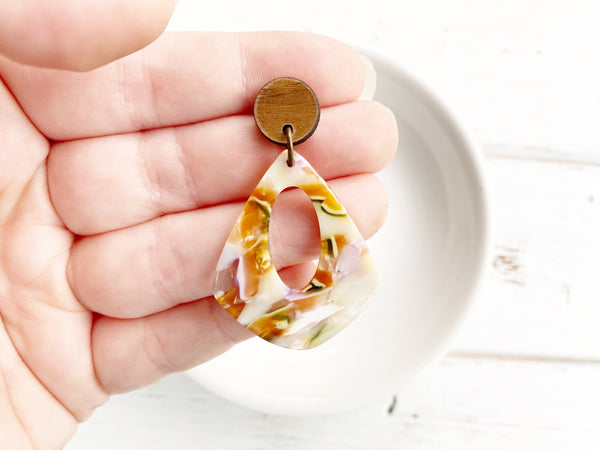 Acetate and Walnut Dangle Earrings - Neutral Marble
