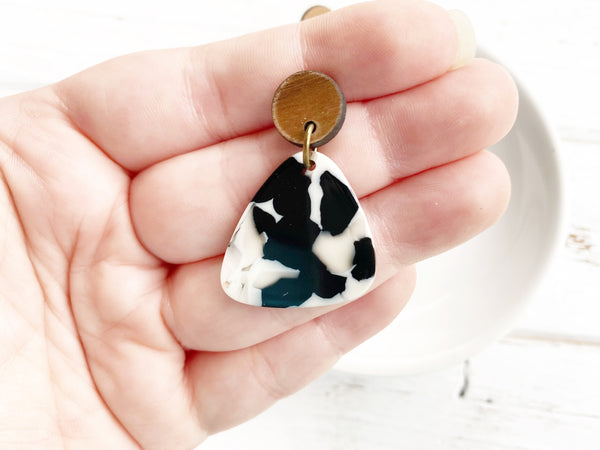 Acetate and Walnut Dangle Earrings - Black and White Marble