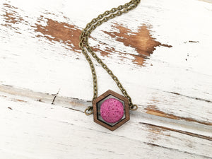 Walnut Hexagon and Lava Bead Oil Diffuser Necklace - Hot Pink