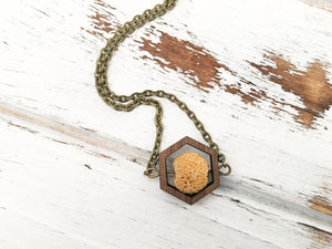 Walnut Hexagon and Lava Bead Oil Diffuser Necklace - Mustard Yellow