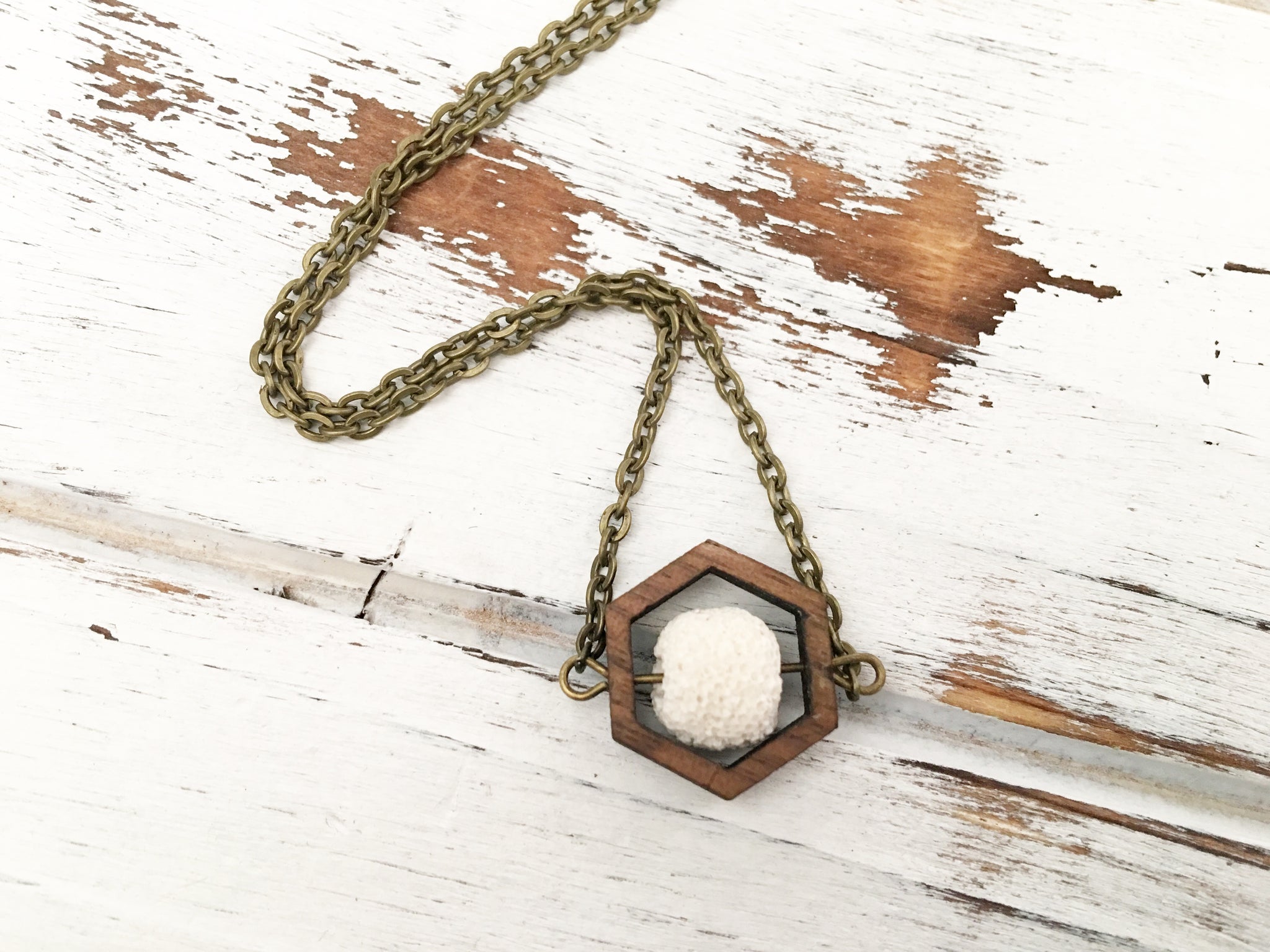 Walnut Hexagon and Lava Bead Oil Diffuser Necklace - White