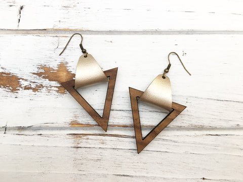 Faux Leather and Walnut Hook Earrings - Gold