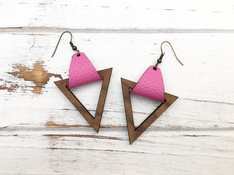 Faux Leather and Walnut Hook Earrings - Pink